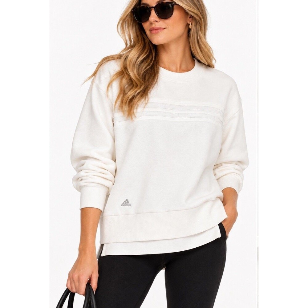 Adidas Women’s White Crewneck Pullover Sweatshirt Size L Long Sleeve Ribbed Hem